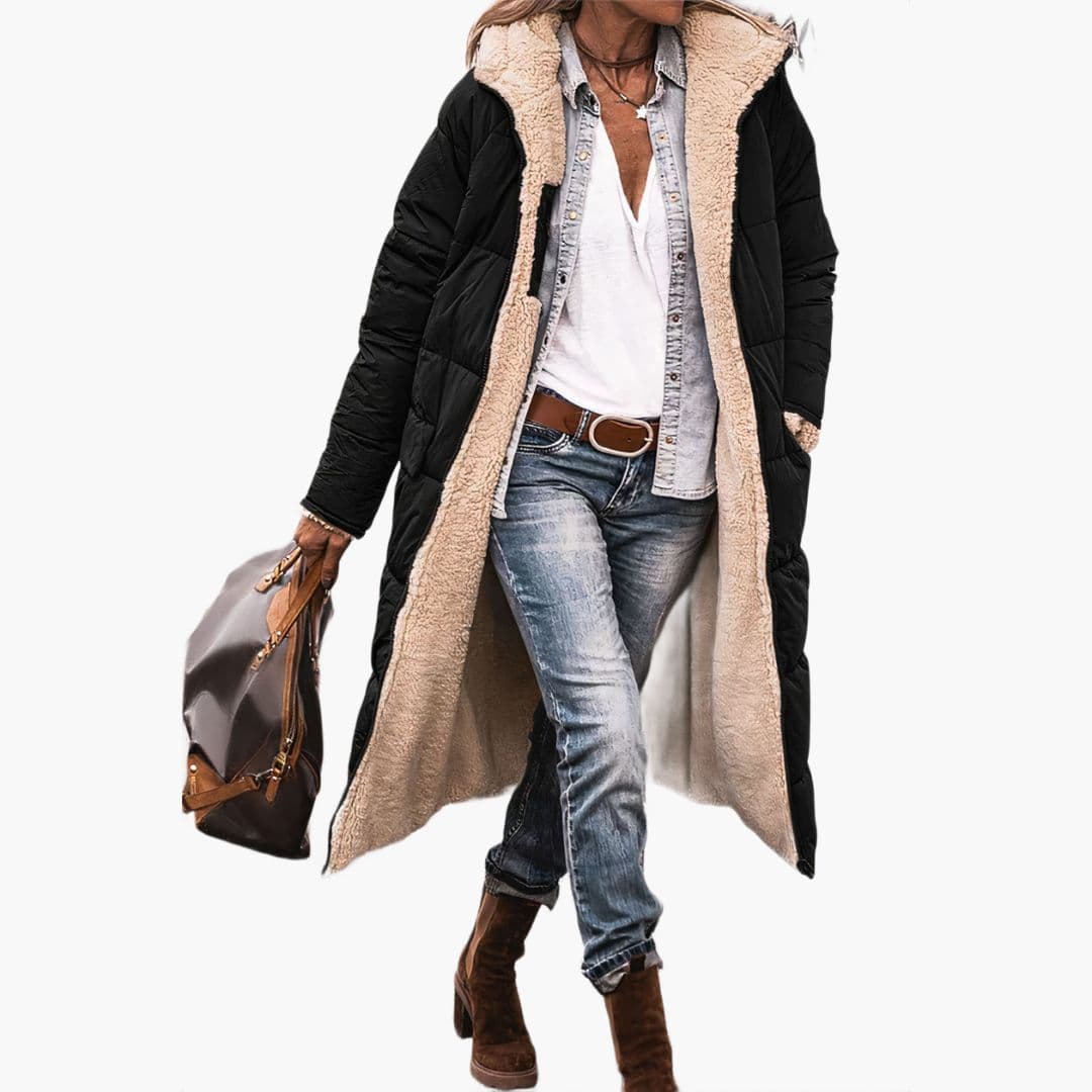 Amelia – długa pikowana z futerkiem i kapturem