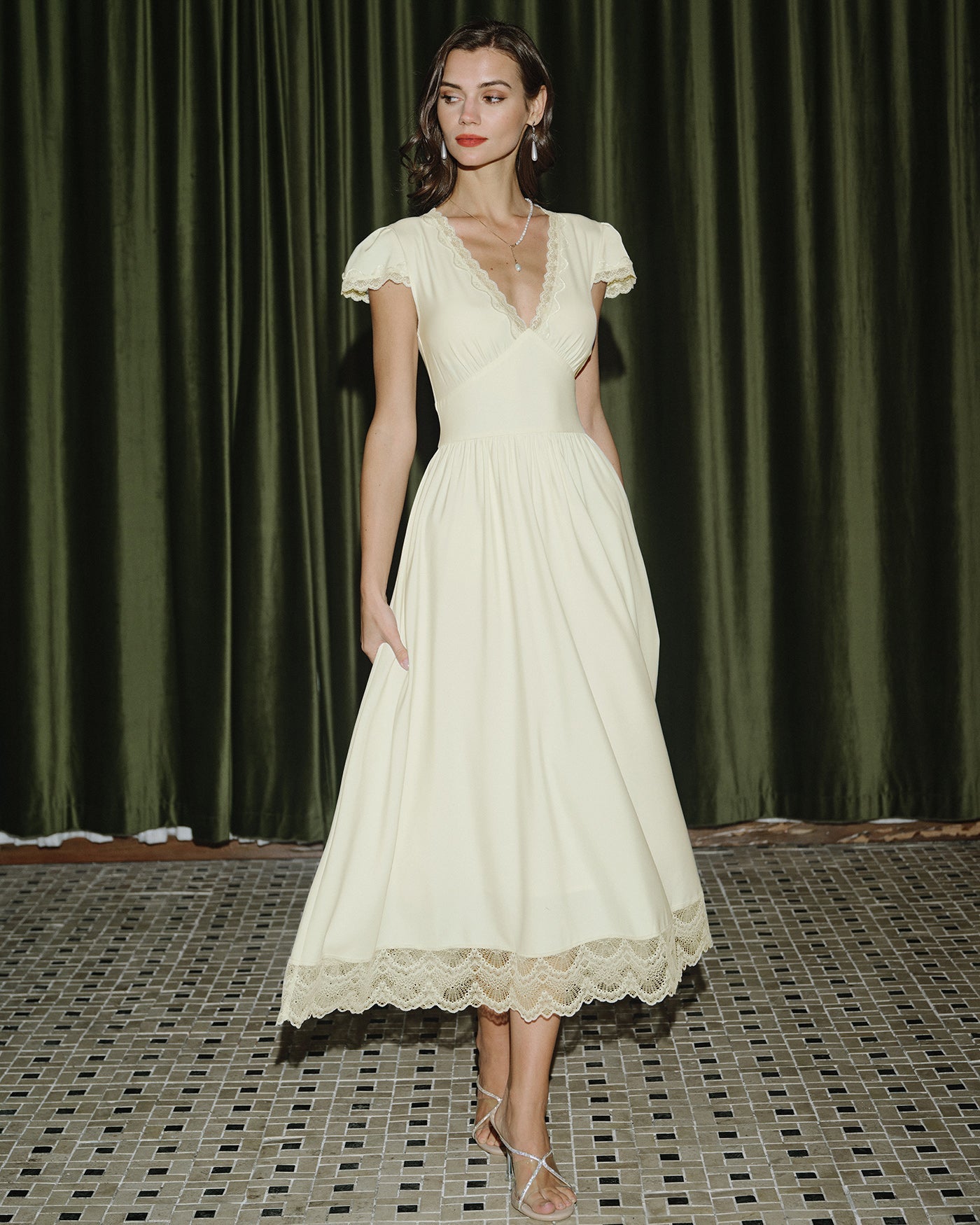 Apricot V Neck Lace Maxi Dress