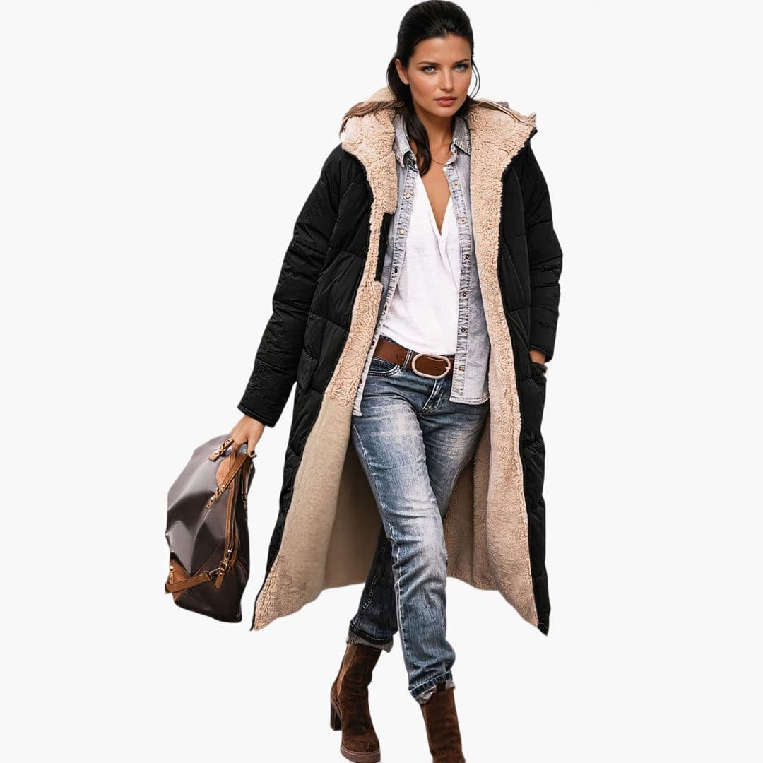 Amelia – długa pikowana z futerkiem i kapturem