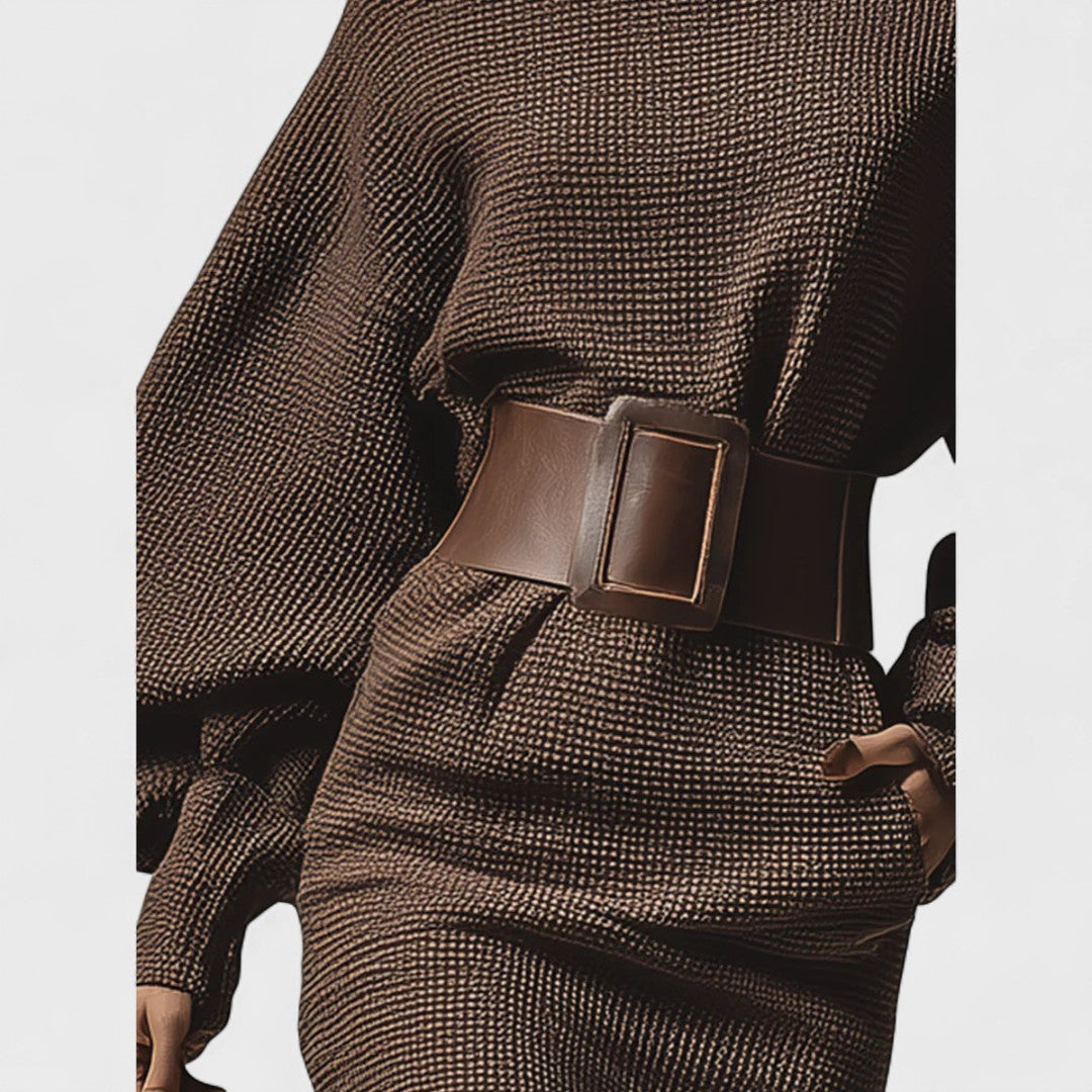 Cléa – krótka sukienka z dzianiny z paskiem o wyrazistej strukturze