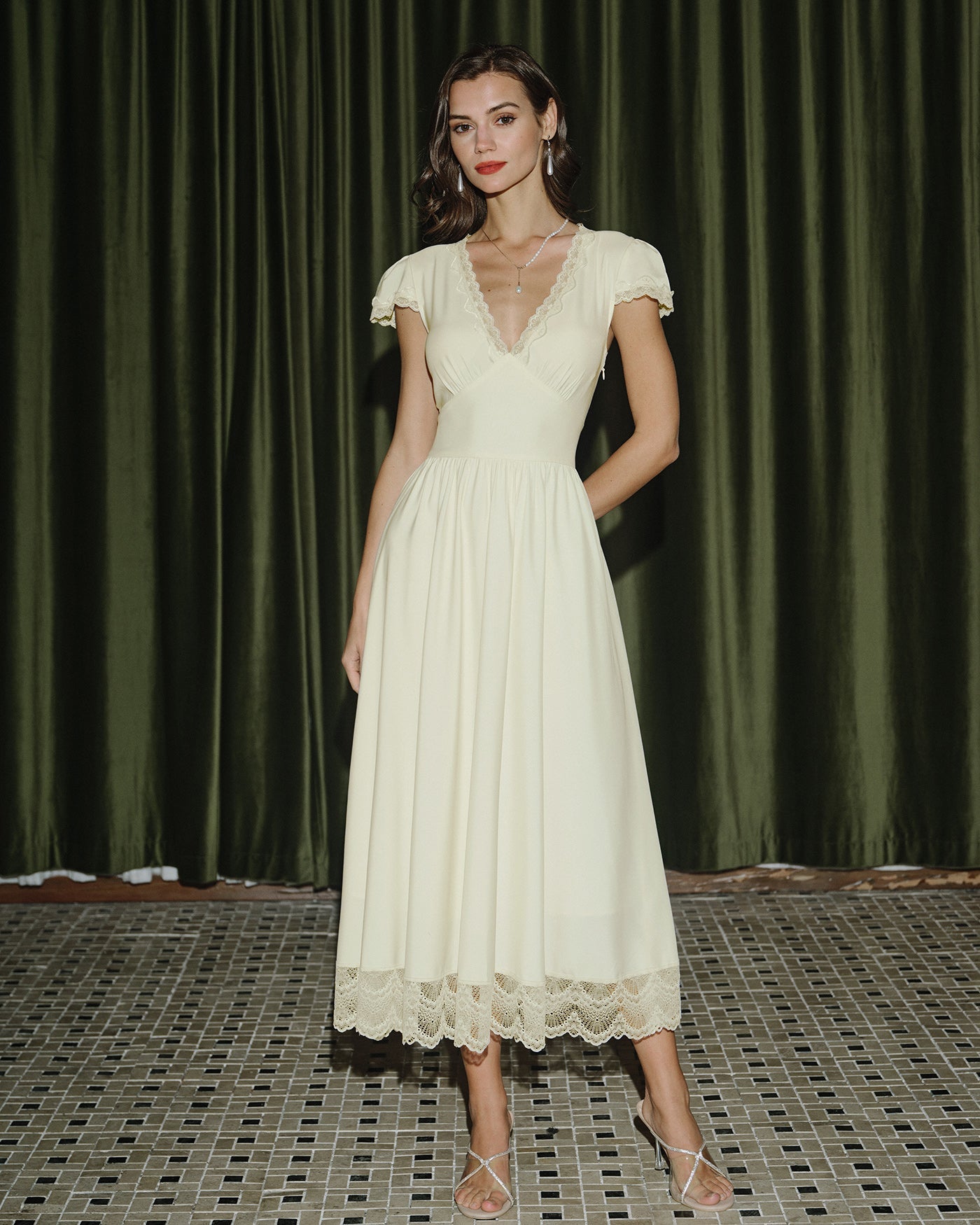 Apricot V Neck Lace Maxi Dress