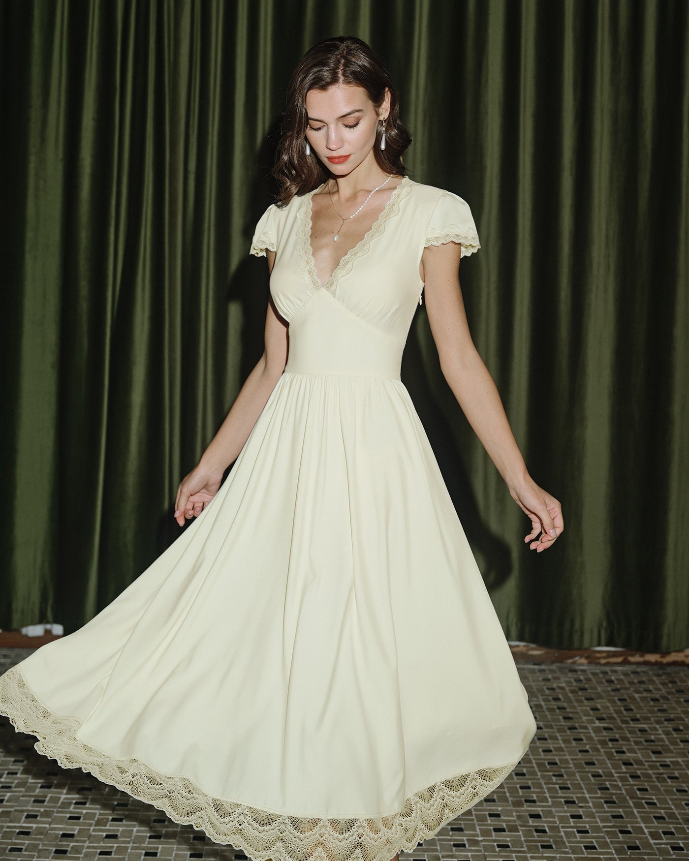 Apricot V Neck Lace Maxi Dress